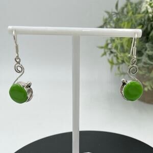 MEXICO Signed .925 Sterling Silver Green Gaspeite Hook Dangle Drop Earrings